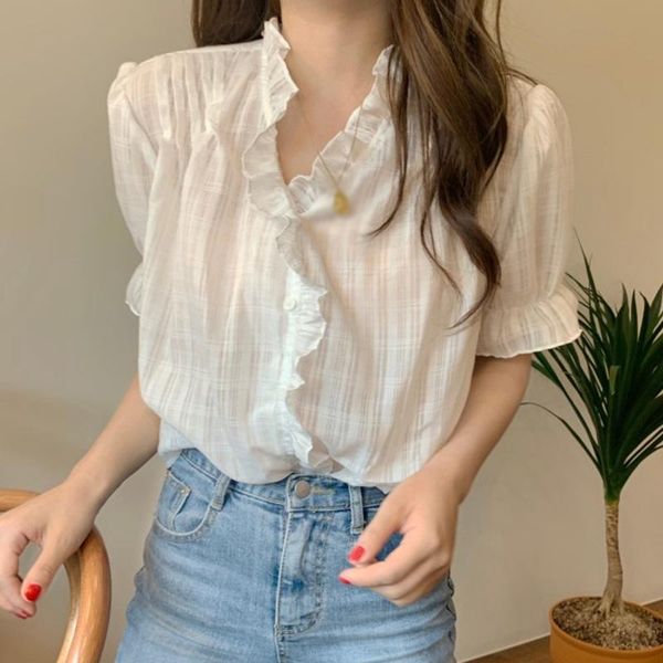 

women's blouses & shirts jlong women blouse summer v-neck short sleeve office lady work chiffon casual shirt, White