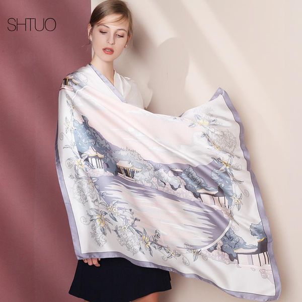

women real silk square scarves 100% pure delicate shawls floral printed large bandana fashion style neck scarf 90x90cm, Blue;gray