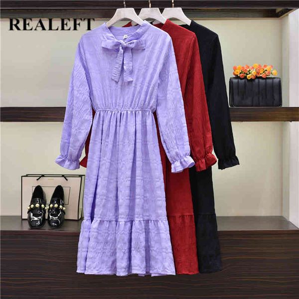 

spring summer purple women dresses elegant high waist o neck long sleeve fashionable female loose bow dress 210428, Black;gray