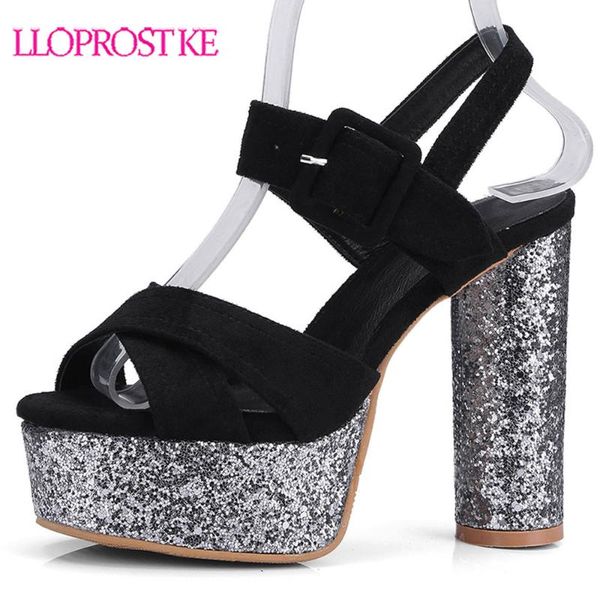 

lloprost ke summer platform sandals thick sequin heel sandal european fashion ultra high suede flock women shoes h333, Black