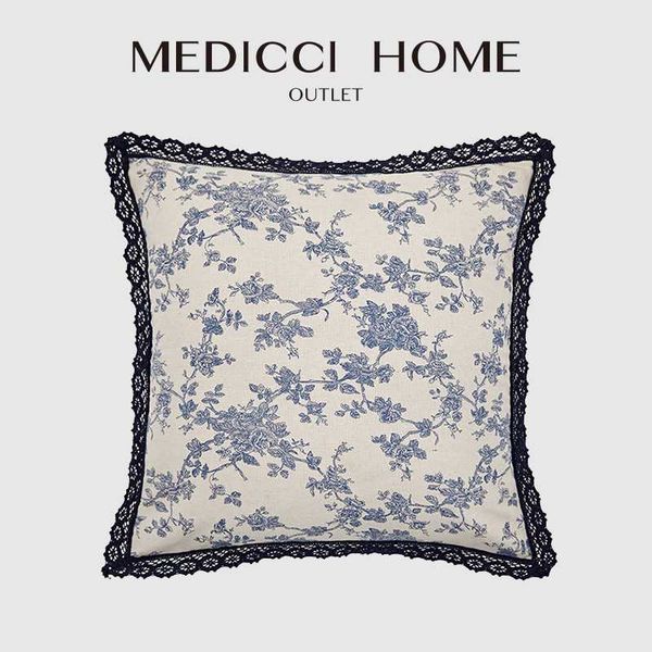 

pillow case medicci home shabby chic cushion cover french fashion trend toile de jouy pattern natural linen with lace franges