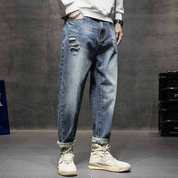 

ripped men's 2021 autumn winter loose fashion brand versatile little harlan casual jeans long pants boys, Blue