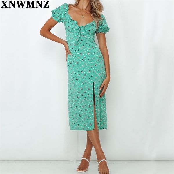 

women's dress vintage women summer midi es elegant green floral print split france chiffon vestidos 210520, Black;gray