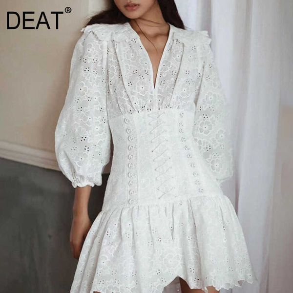 

[deat] summer fashion v-neck high waist hollow out nine points sleeve white loose elegant dress women 13c540 210527, Black;gray