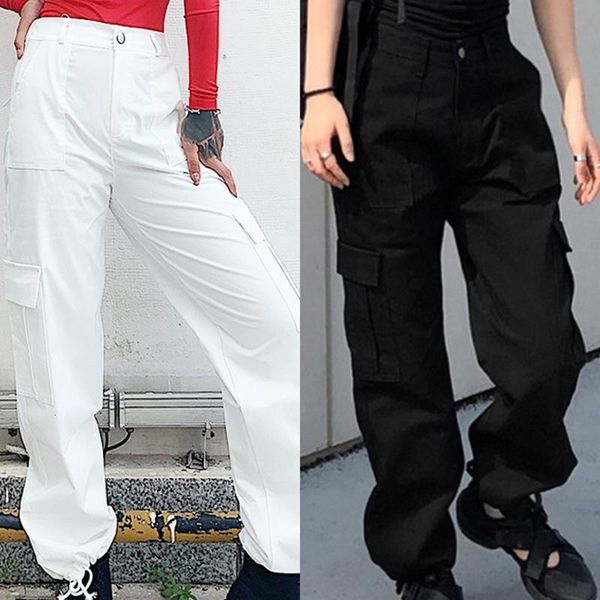 

women's pants & capris button pockets patchwork cargo streetwear high waist trousers pencil joggers q6lh, Black;white