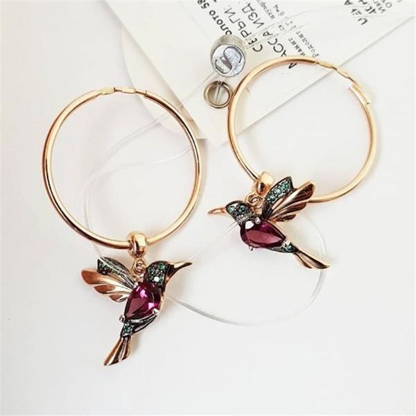 

hoop & huggie exquisite bird-shaped hummingbird pendant crystal earrings tassel bird for women's wedding jewelry, Golden;silver