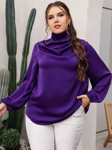 

plus high neck satin blouse i2bx#, White