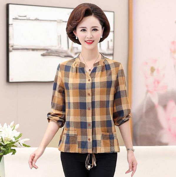 

cotton linen long sleeve shirt middle aged casual plus size spring autumn women plaid blouse mother women's blouses & shirts, White