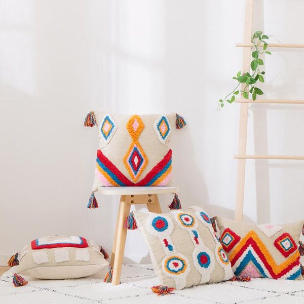 

pillow case adorehouse multi-textured tufted fringe cases retro linen embroidered decorative cover bohemian wedding decor