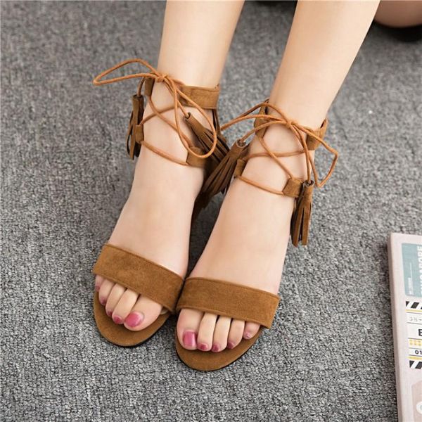 

dress shoes big size summer flat sandals ladies women woman female with fringed cross straps and thick heels, Black