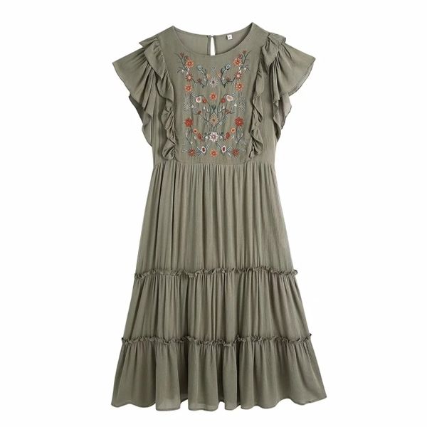 

summer women flower embroidery butterfly sleeve midi dress female ruffle splicing clothes casual lady loose vestido d7682 210430, Black;gray