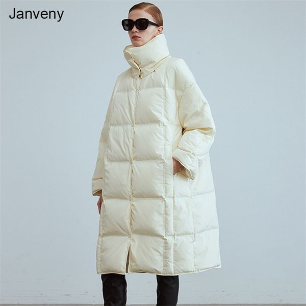 Janveny Long Baiacu Jaqueta Mulheres Inverno Fluffy 90% Branco Duck Down Casaco Desativação Coleira Zíper Feminino Pena Roupas 211018