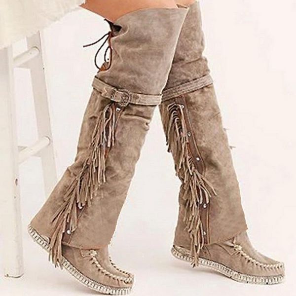 

boots puimentiua bohemian over knee ethnic women tassel fringe faux suede leather hight booties girl flat long shoes for, Black
