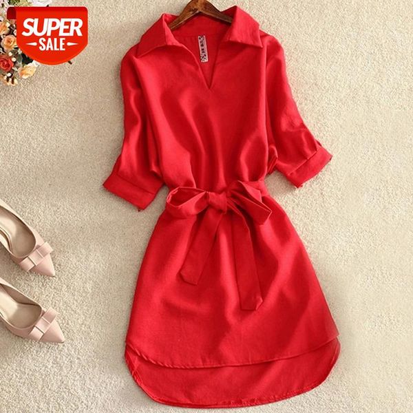 

shirts women 2020 summer casual dress fashion office lady solid red chiffon dresses for sashes tunic ladies vestidos femme #6k0f, White;black