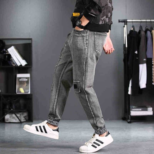 

men's jeans jeans men ripped patch stretch slim fit streetwear man cotton distressed casual grayjoggers denim trousers plus size 48 81r, Blue