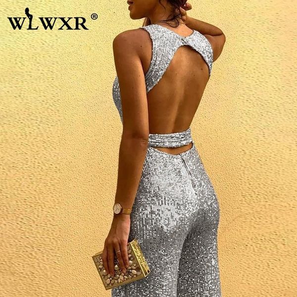 

women's jumpsuits & rompers wlwxr casual backless bandage wide leg bodycon jumpsuit women summer sleeveless ladies long female, Black;white