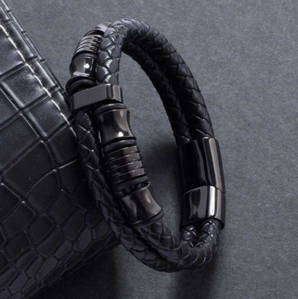Männer Schmuck Schwarz Edelstahl Verschluss Armband Mode Armreif Punk Woven Lederband Armband Q0719