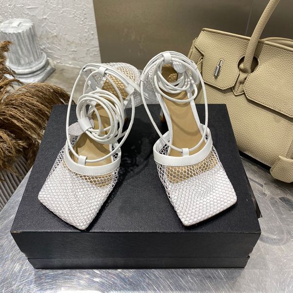 

fashion women sandals square toe hollow pumps thin high heels cross strap sandal lace up yellow/black/beige slides q-156