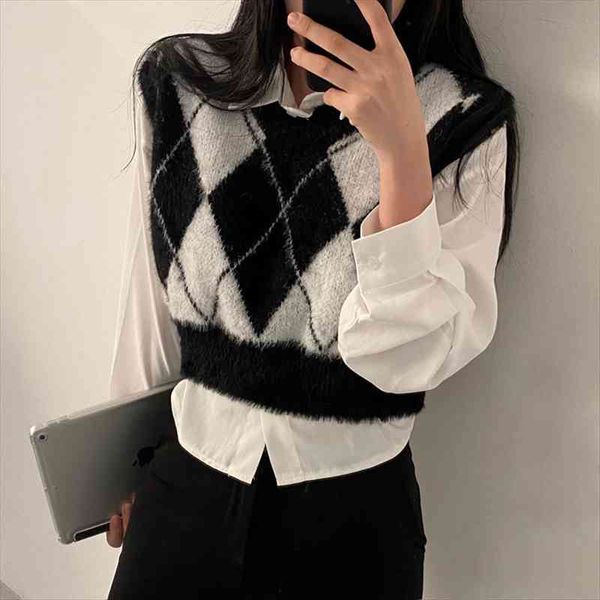 

early spring folded mink women sweater vest diamond knit white shirt set, White;black