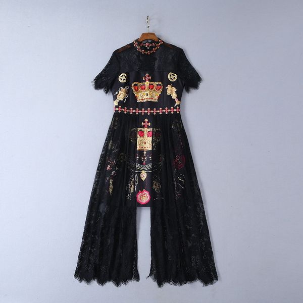 

casual dresses new clothes for women in europe and america the summer of lace patchwork with short sleeves crown beaded black dress k35e, Black;gray