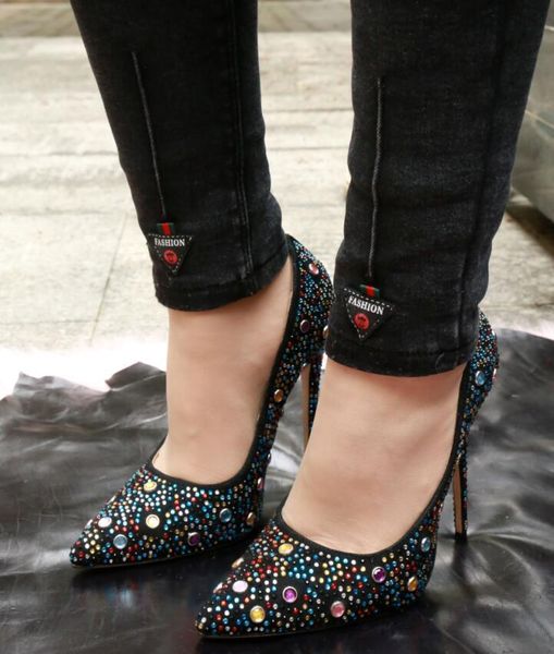 

glitter shoes women rhinestone pumps thin heel party spike stud pointed toe high heels bling dress, Black