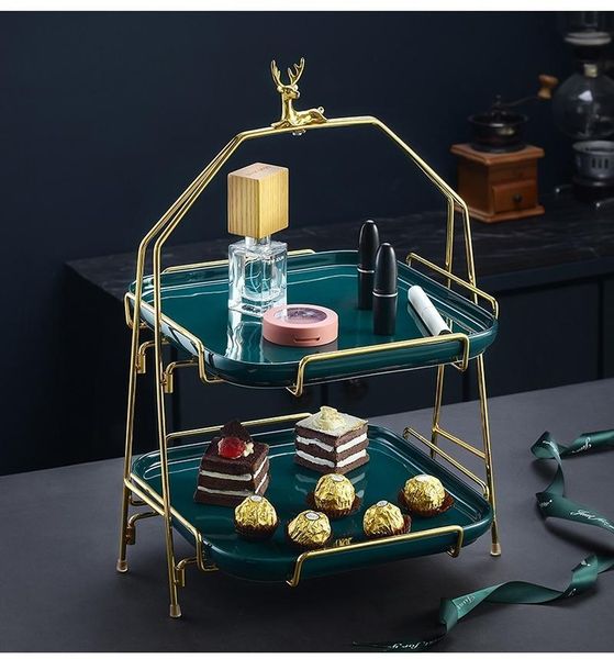 

european-style fruit plate double-layer golden dessert stand cake tray display living room table dried dishes & plates