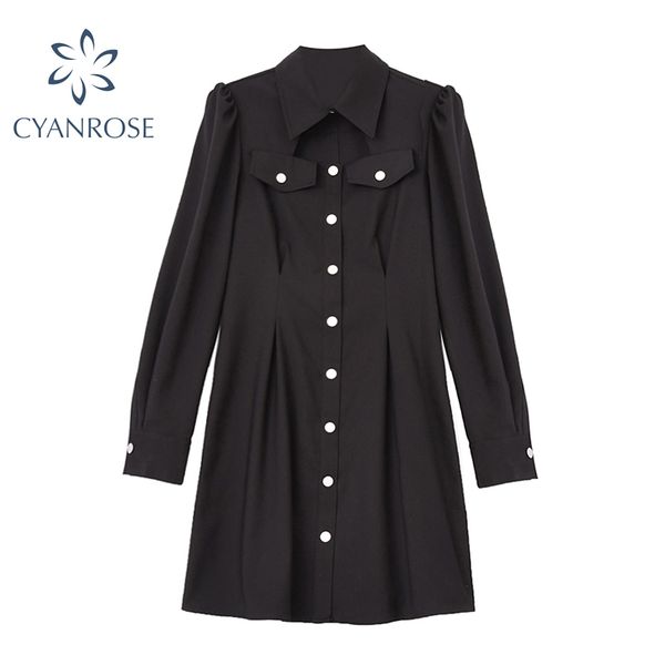 

long sleeve crop black shirt dress women cardigan office ladies lapel pocket elegant mini frocks korean work relax ol vestidos 210417, Black;gray
