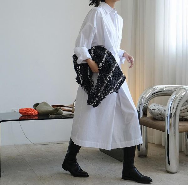 

casual dresses cotton early autumn shirt dress white simplicity party long fashionable women navy loose robe vestido pure, Black;gray