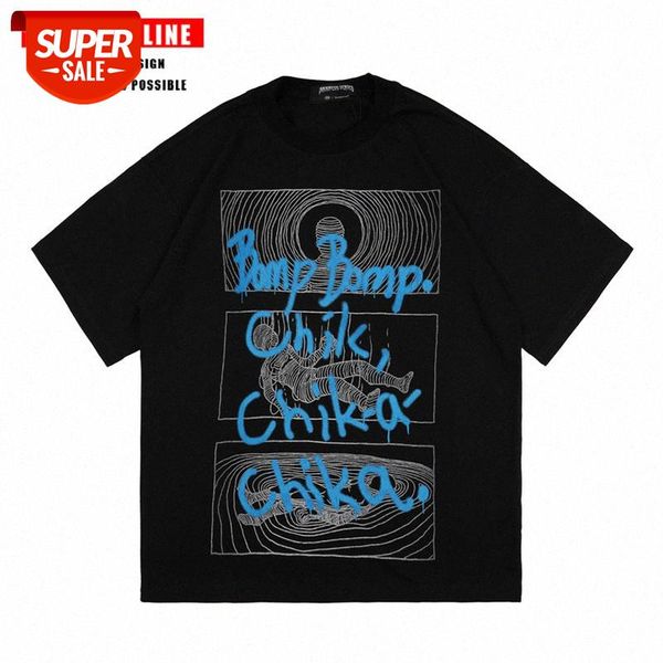 

streetwear men spring and summer dark wind funeral letters hand-painted lines retro high street vibe loose short-sleeved t-shirt women #uc7b, White;black