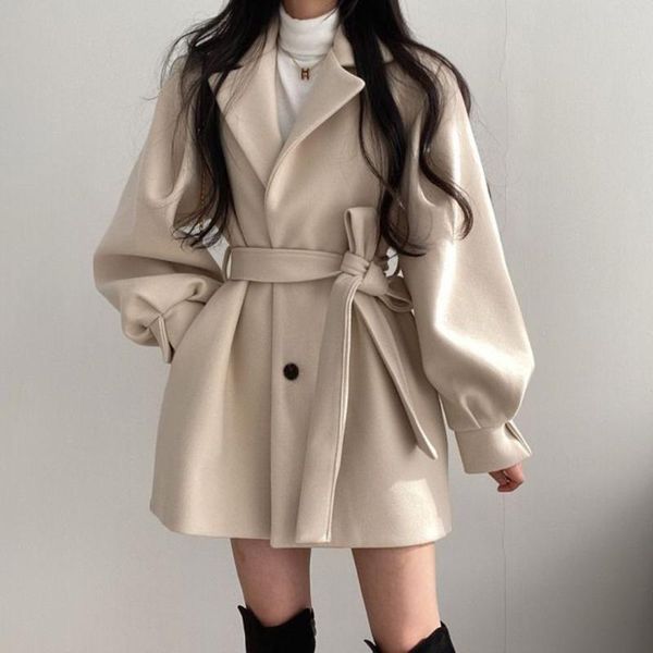 Misto lana da donna Cappotto di lana Elegante Moda Donna Tinta unita Risvolto con cintura Lanterna Maniche lunghe 2021 Autunno Inverno Casual Panno femminile