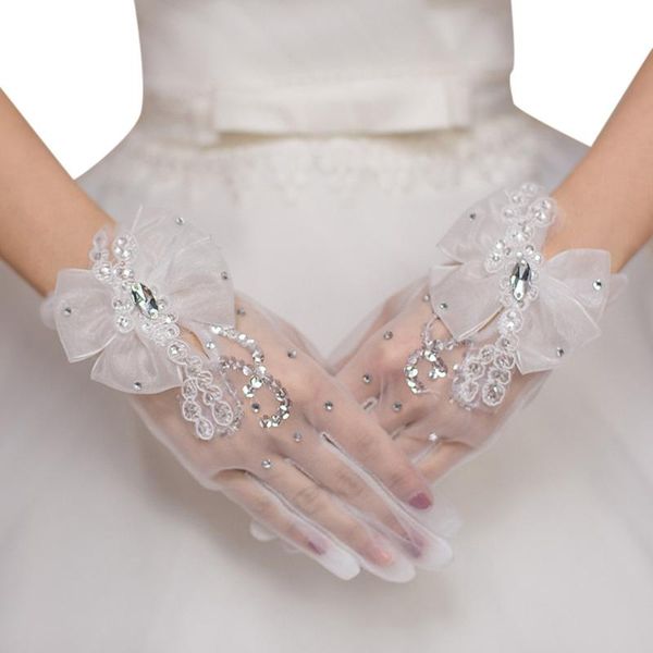 

bridal gloves women's wedding glove full finger gathered lace sequined satin bride party retro glovesluvas de noiva, White