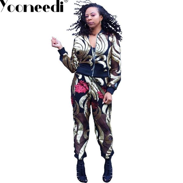 

two piece dress yooneedi 2021 autumn design high street 2 pcs women set color solid sequins o-neck full sleeve long pants cy8236, White