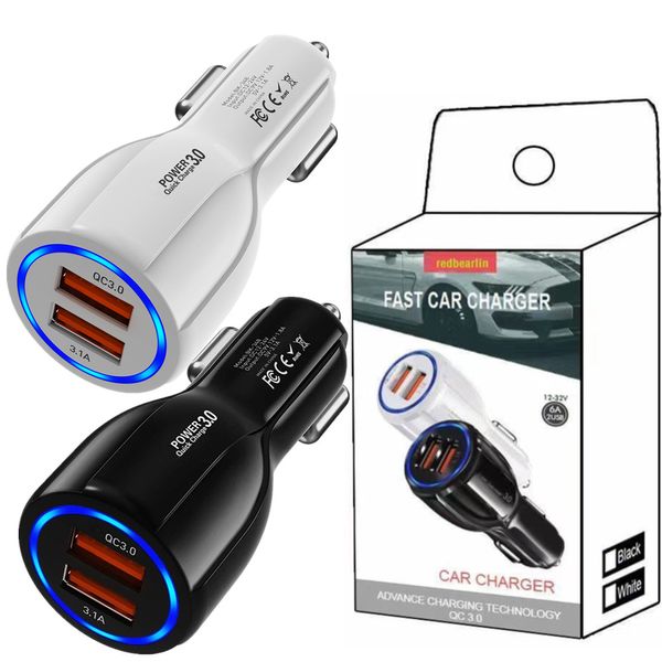 Caricabatteria da auto doppio USB veloce rapido da 30 W 6A 30 W QC3.0 Adattatore di alimentazione USB con luce a LED per Iphone 15 14 12 13 Pro max Samsung S23 S24 htc lg telefono Android gps pc con scatola al dettaglio