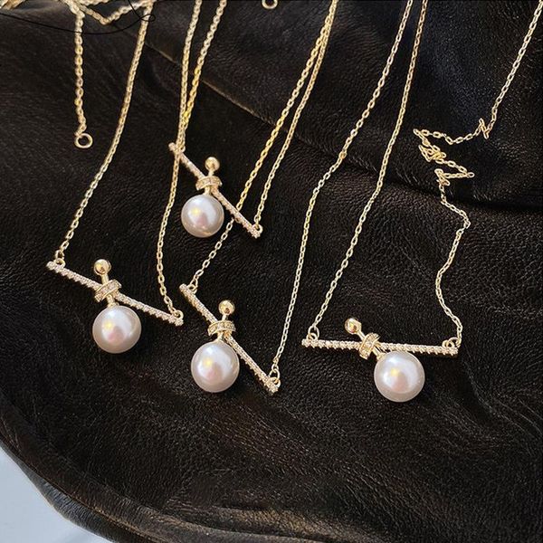 

pendant necklaces minimalist french big round simulated pearl necklace for women gold color chain bling cz stone geometric choker, Silver