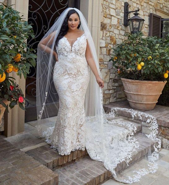 

deep v neck plus size lace mermaid wedding dresses appliqued court train backless tulle bridal gowns, White