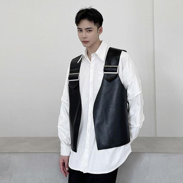 

men's vests men pu leather vest outerwear male women streetwear hip hop punk rock fashion show waistcoat stage clothing, Black;white