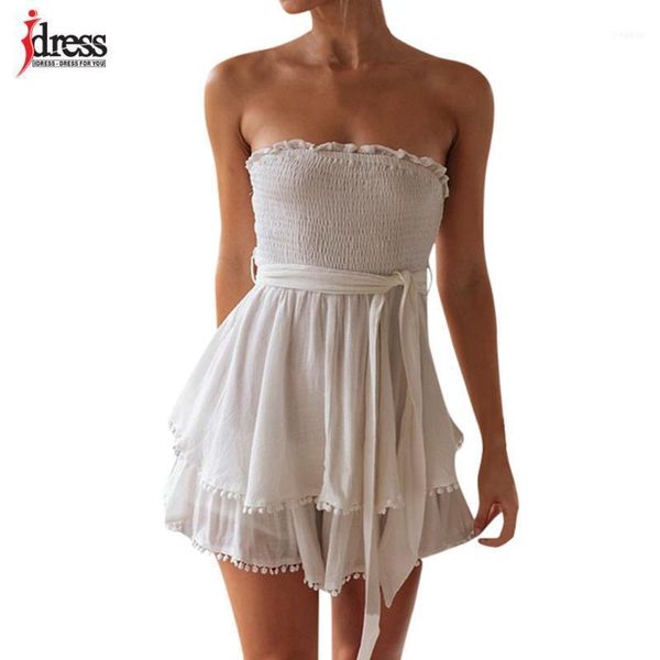 

idress drop jumpsuit women summer 2021 romper strapless cotton and linen ruffled wrap chest lace up party playsuit1, Black;white