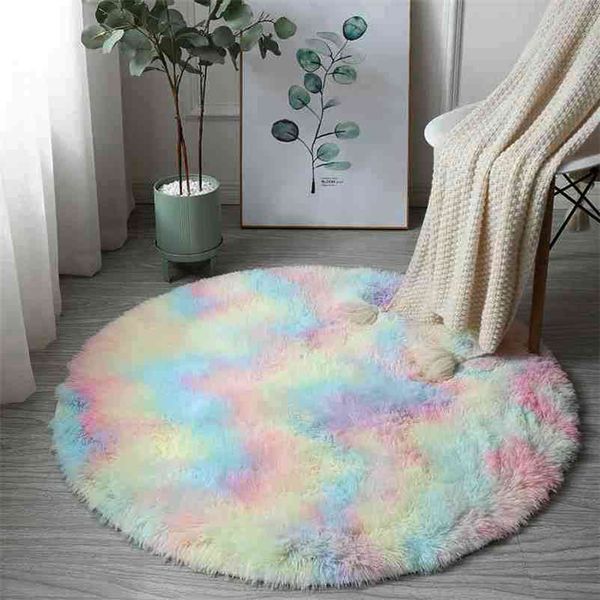 Regenbogen Bunte Weiche Flauschige Teppiche Mädchen Runde Haarige Bereich Teppich Für Schlafzimmer Dekoration Teppich Shaggy Nachttisch Matte Prinzessin Stil 210727