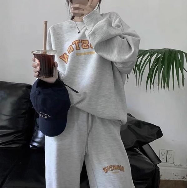 

women's two piece pants casual gray sports suit o-neck pullover sweater straight leg trousers 2 set outfits autumn oversize sweatshirt, White