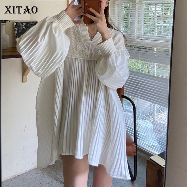 

casual dresses xitao patchwork draped dress women tide fashion korean style v neck collar long puff sleeve loose slim elegant zy3608, Black;gray