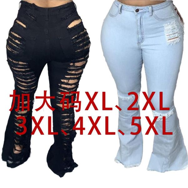 

women's jeans fashion all-match personality ripped elastic plus size flared pants, Blue