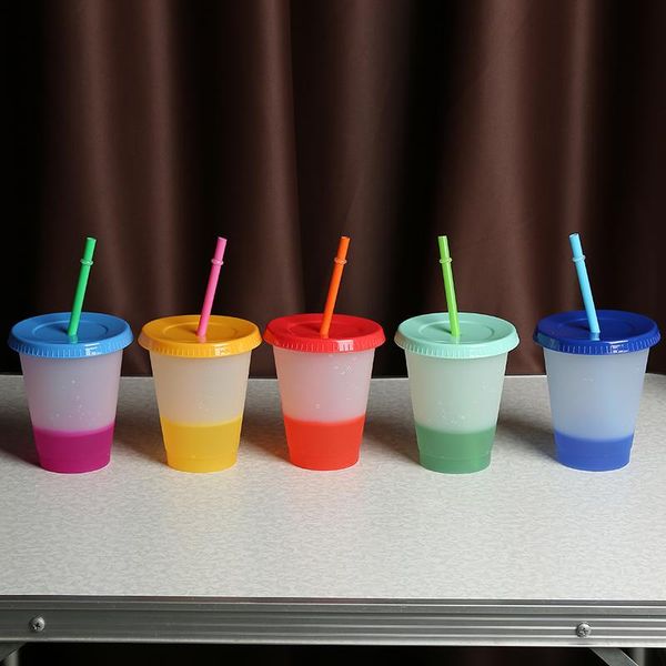 

5pcs 16oz 24oz colorful colour changing straw cup plastic tumbler coffee with lid high capacity cold creative gift mugs