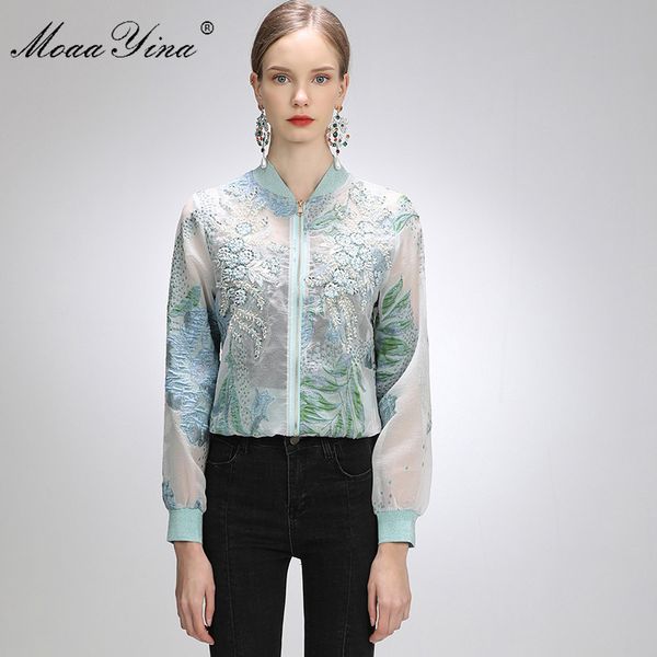 

fashion designer long sleeve jacket jacket spring women's zipper flower beading casual elegant short 210524, Black;brown