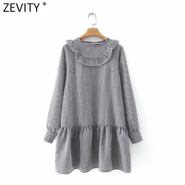 

zevity women vintage agaric lace o neck plaid print hem pleats mini dress female long sleeve ruffles straight vestido ds4993 210419, Black;gray