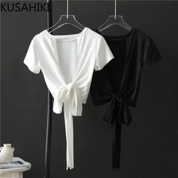 

women's t-shirt kusahiki bow bandage backless women t shirts korean short sleeve o-neck graphic tees 2021 spring summer tshirt 6f259, White