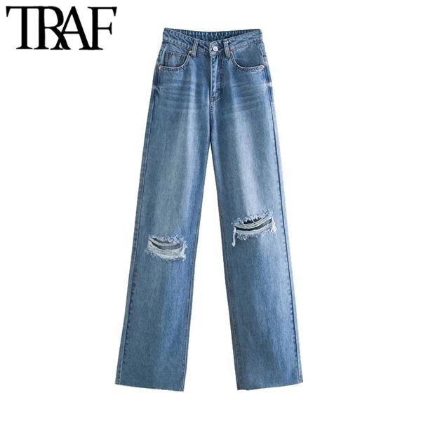 

traf women chic fashion ripped hole wide leg jeans vintage high waist zipper fly denim pants female trousers mujer 210915, Blue