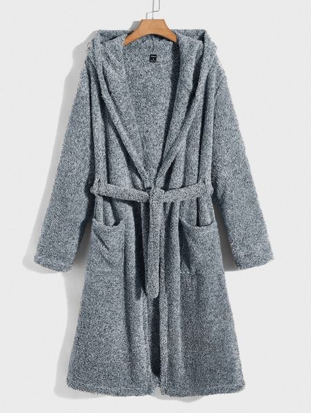 

men dual pocket belted teddy lounge robe n4tf#, Black;brown