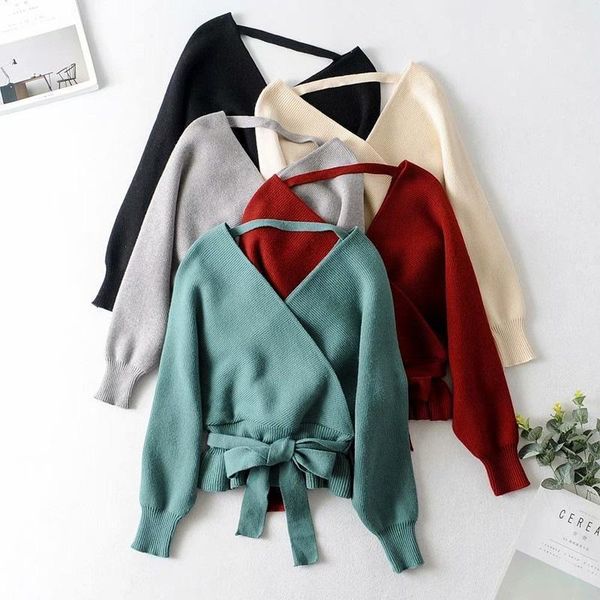 

women's sweaters women backless sweater solid jumper fashion long sleeve v neck pullovers autumn female soft, White;black
