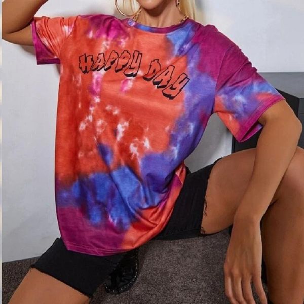 

women's t-shirt tie dye summer 2021 letter prinshirts for women vintage streetwear oversized loose casual o neck short sleeve fashion, White