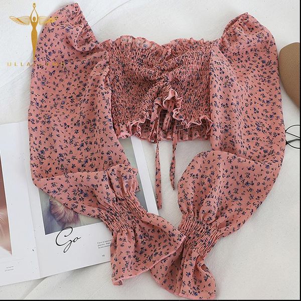 

vacation beach womens shirt print blouse women bohemia lace up trumpet sleeve ruffle short cropped tee summer high waist female, White